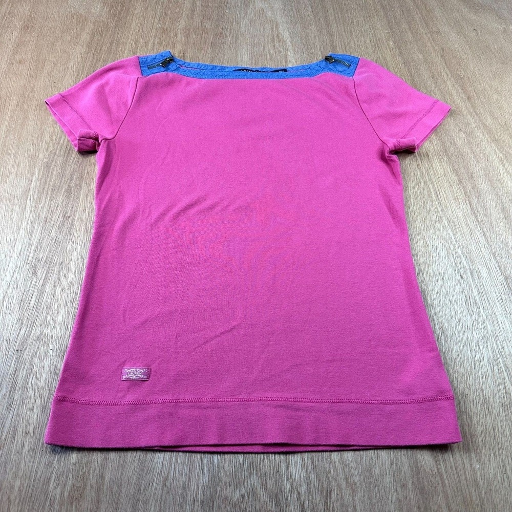 Lauren Ralph Lauren Pink Cotton Knit Top S Chambray Trim Zipper